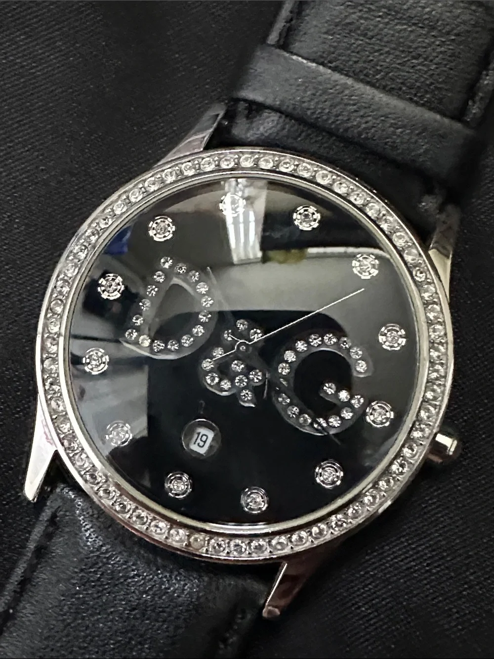 D&G Black Leather Strap Watch with Brushed Steel Back